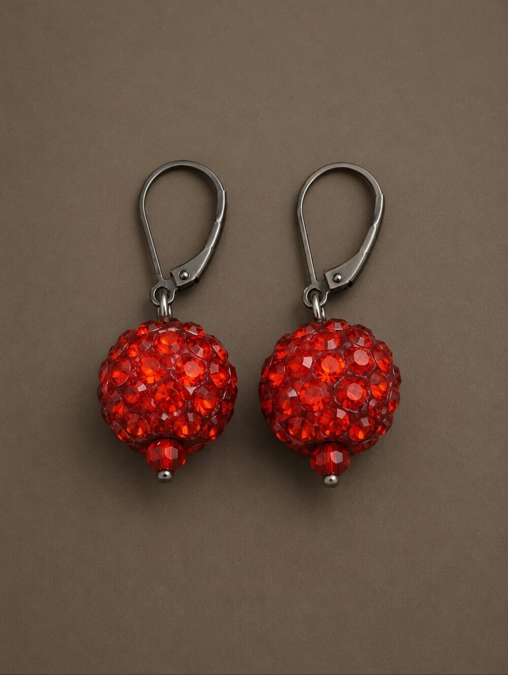 3/$30 Tomato Red Disco Ball Christmas Holiday Leverback Gunmetal Dangle Earrings